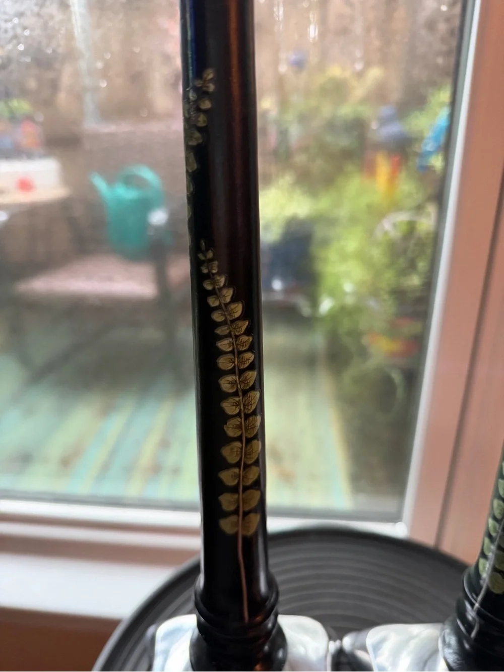Pair of Tall Silver and Black Candle Stick Holders with Hand Painted Botanicals
